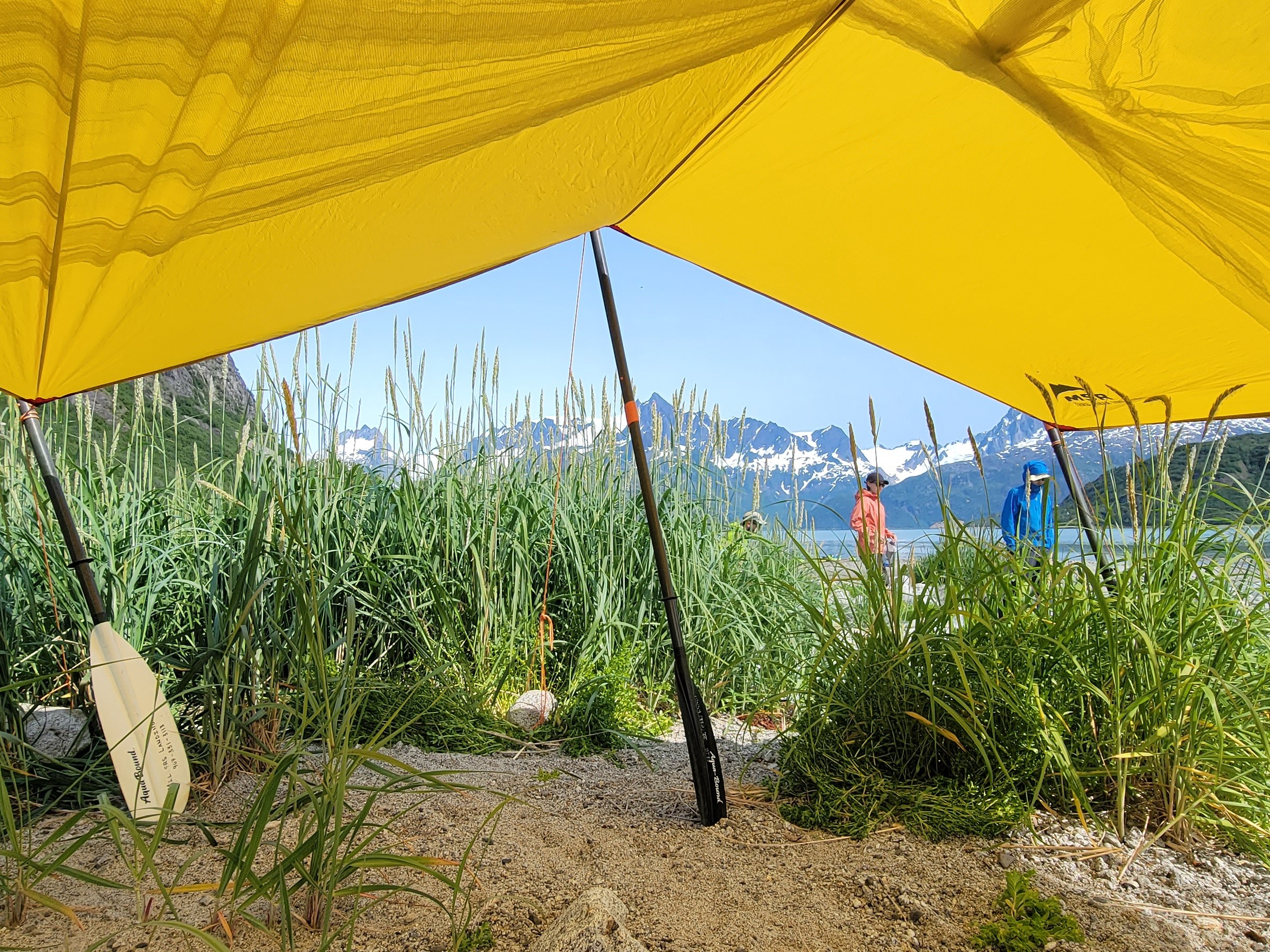 View of mountains and lake under a yellow tent with grass in the foreground.