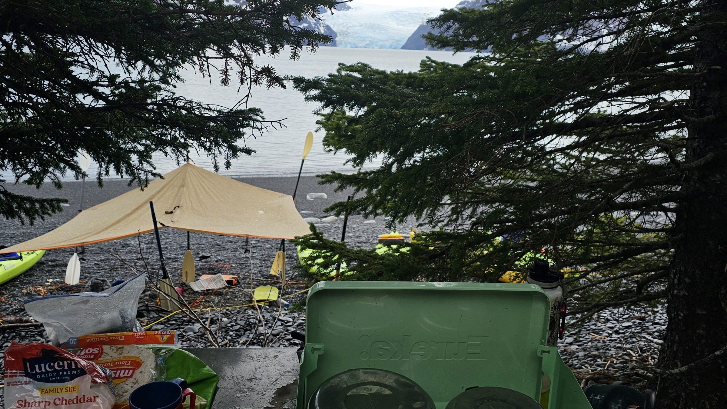 Camping stove and supplies under trees beside a lake and mountains.