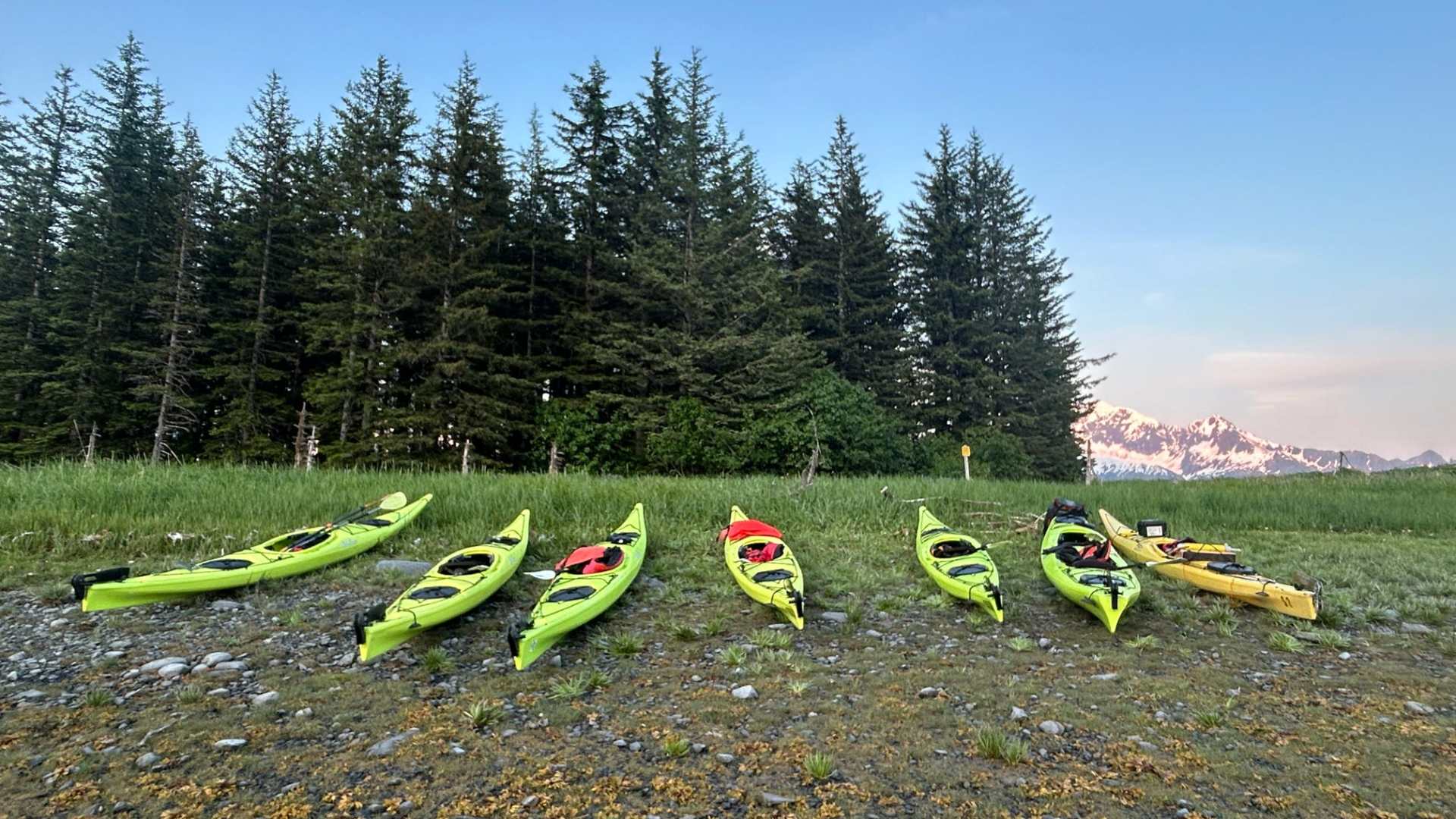 Seven kayaks on a beach with trees and snowy mountains in the background.