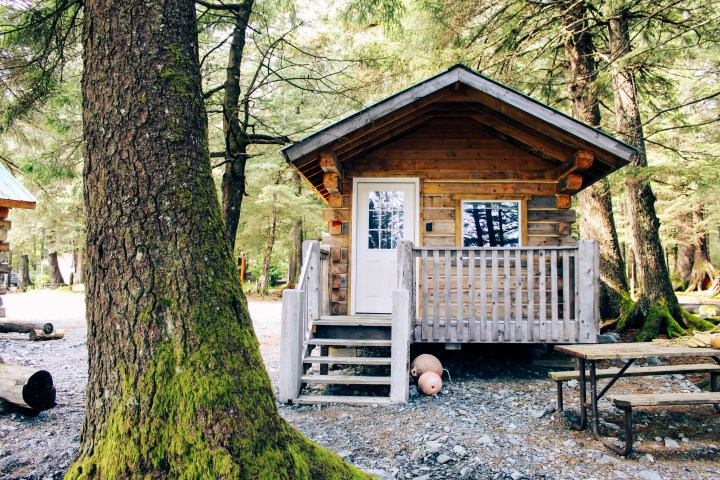 Rustic cabin with porch in a forest setting, surrounded by trees.