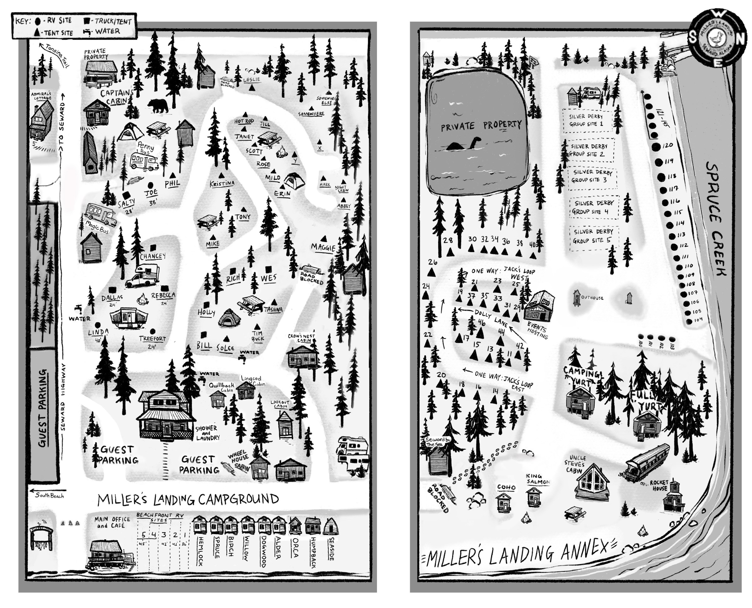 Map of Miller's Landing Campground and Annex with labeled roads, cabins, and natural features.