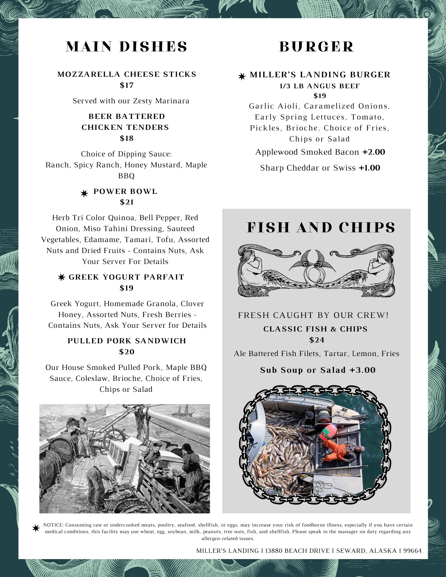 Cafe menu with main dishes, burgers, and fish and chips.
