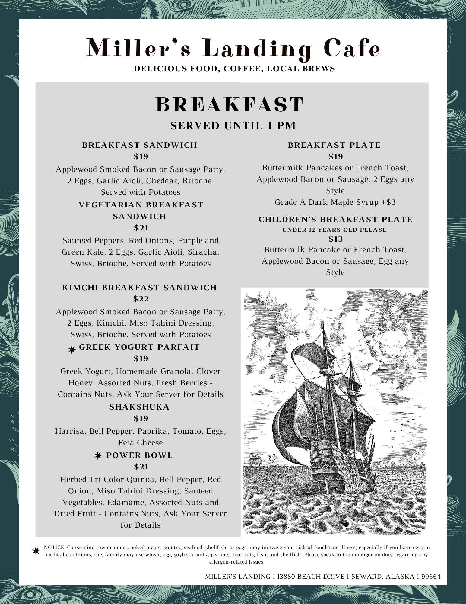 Miller's Landing Cafe breakfast menu with illustrations and various food options listed.